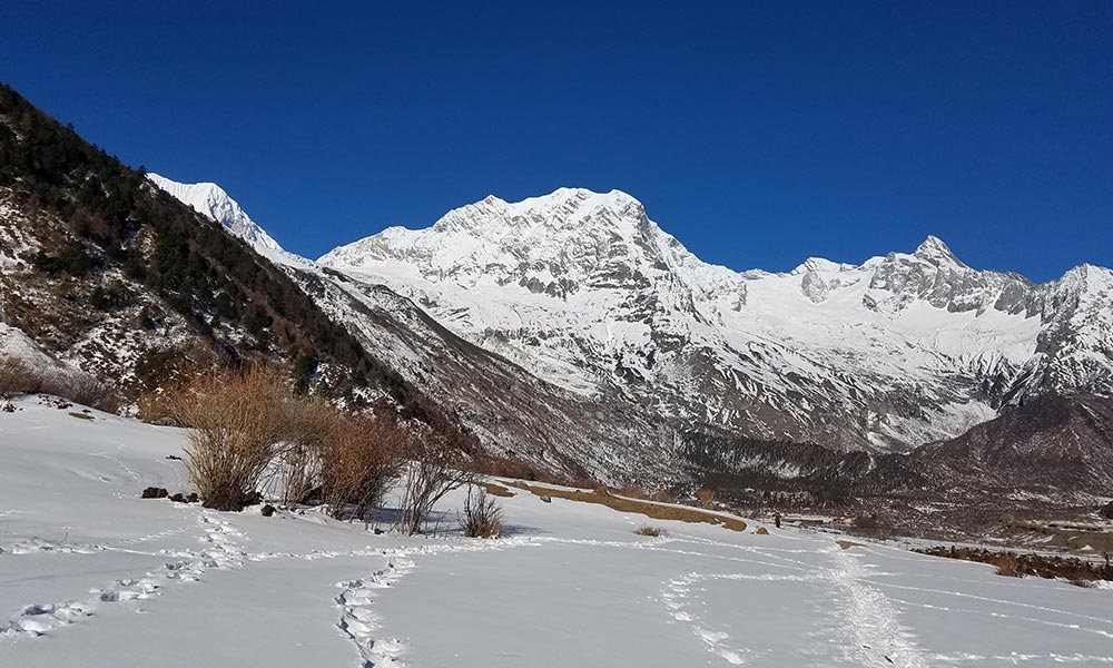 View of Manaslu North on the way to Samagaon from Shyala