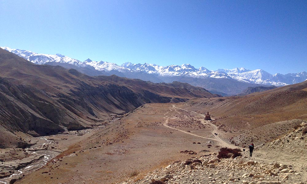 Mountain panorama on the way from Charang to Lo-Manthang